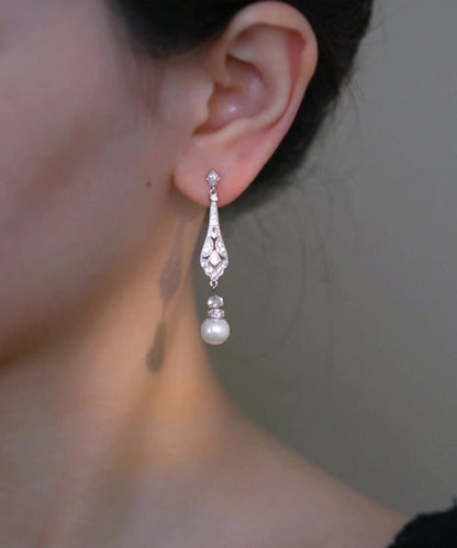 Chinese Style Silk Copper Zircon Pearl Drop Earrings