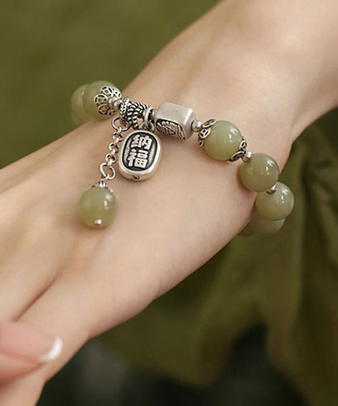 Boutique Light Green Sterling Silver Jade Charm Bracelet and Rings Two Piece Set Charm Bracelet