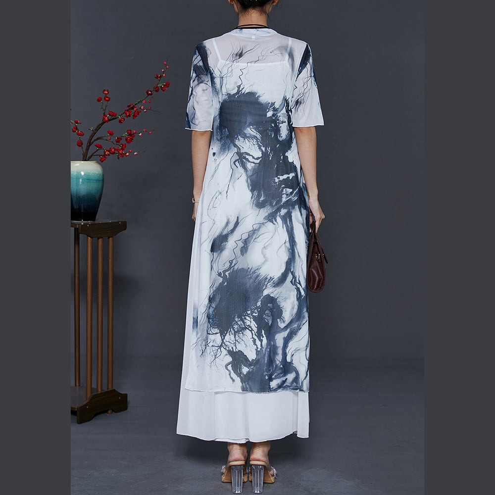 White Tie Dye Silm Fit Silk Oriental Two Piece Set Summer