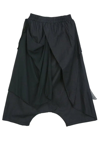 Black Asymmetrical Patchwork Chiffon Crop Pants Spring