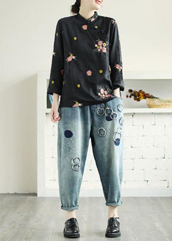 Black Embroideried Stand Collar Button Fall Long Sleeve Shirt