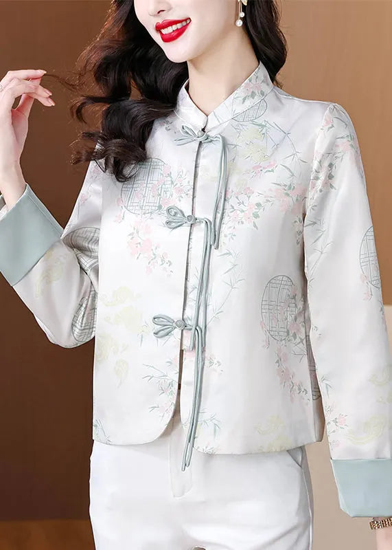Blue Stand Collar Print Button Silk Coats Fall