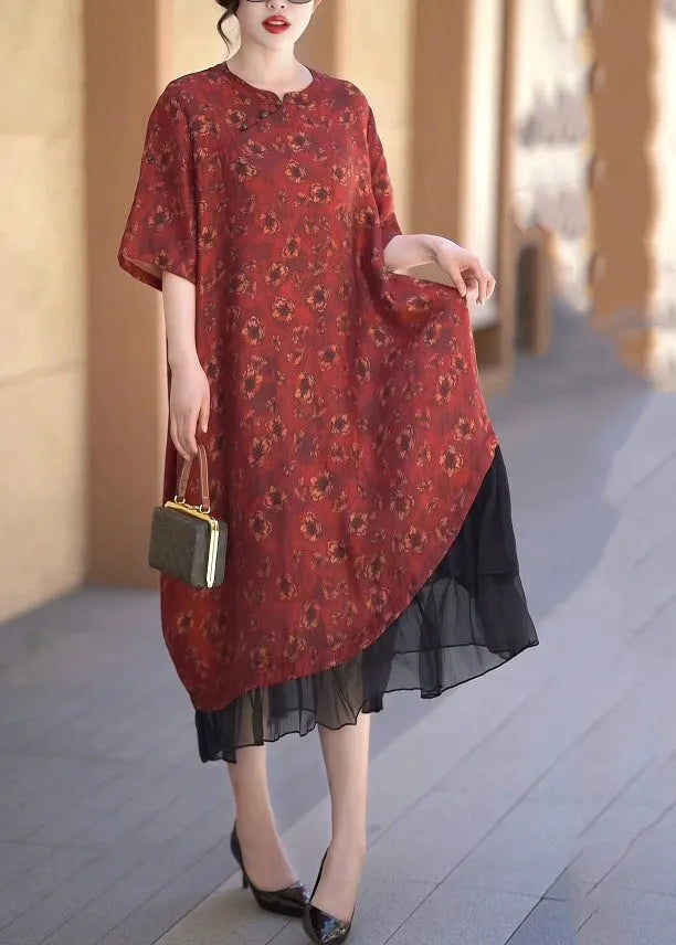 Handmade Red O-neck Asymmetrical Patchwork Silk Linen Long Dress Half Sleeve