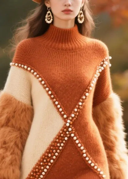 Brown Faux Fur Patchwork Nail Bead Knitwear Dress Winter