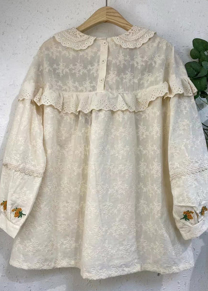 Beige Embroideried Ruffled Patchwork Cotton Shirt Long Sleeve