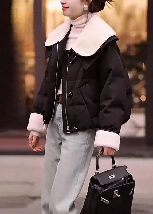 Black Thick Teddy Fine Cotton Filled Coats Drawstring Winter