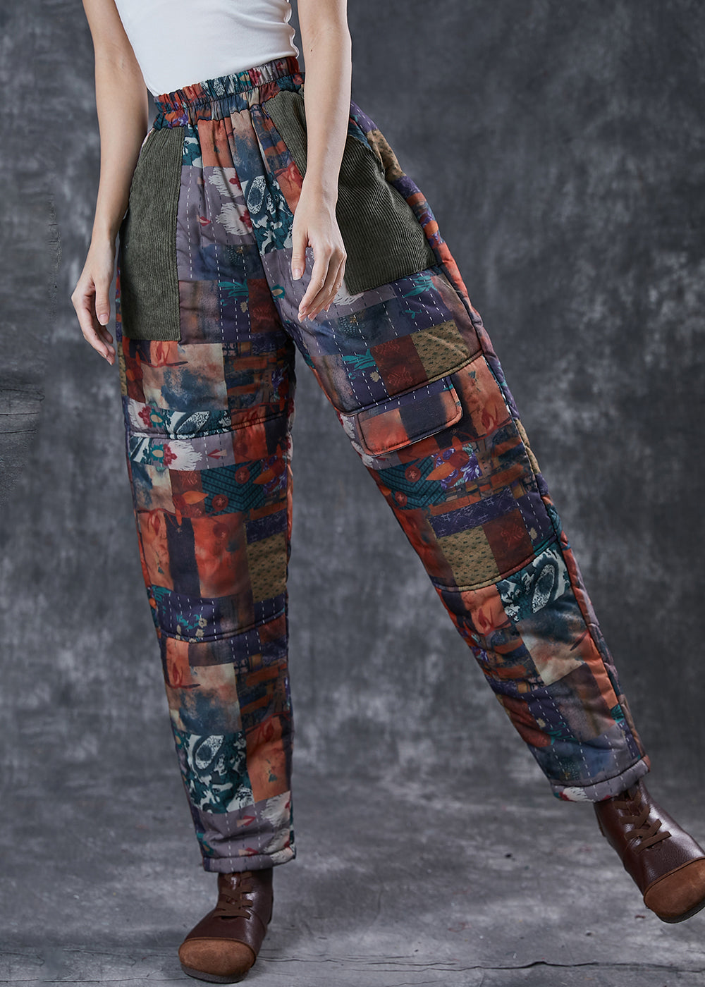 Black Print Thick Fine Cotton Filled Pants Pockets Winter