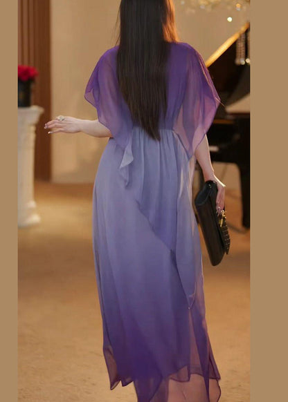 Gradient Color Asymmetrical High Waist Chiffon Long Dress Summer