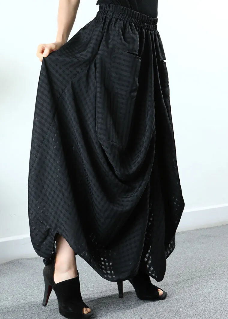 Simple Black Pockets Plaid Wide Half Skirt Spring