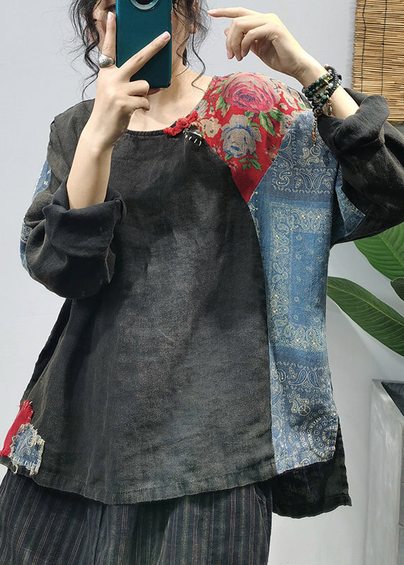 Green Print Linen Shirt Tops O-neck Button Long Sleeve