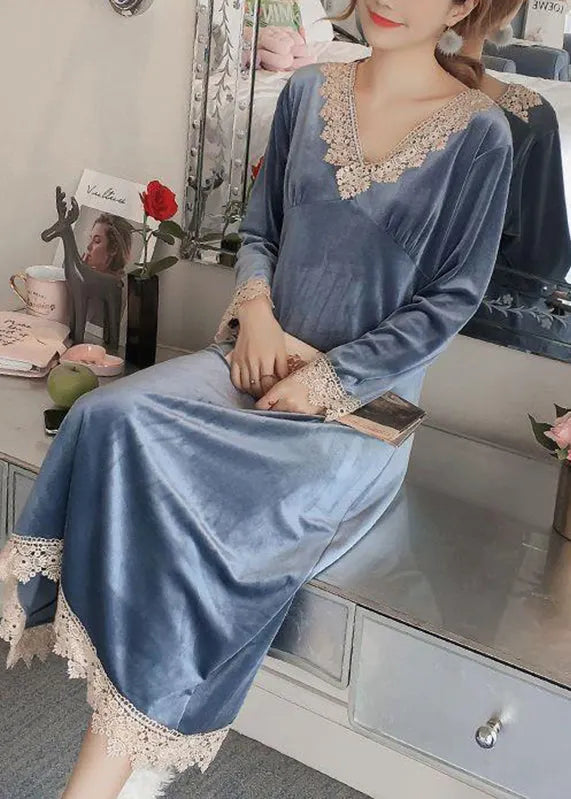 Cemeo V Neck Lace Patchwork Silk Velour Dress Long Sleeve
