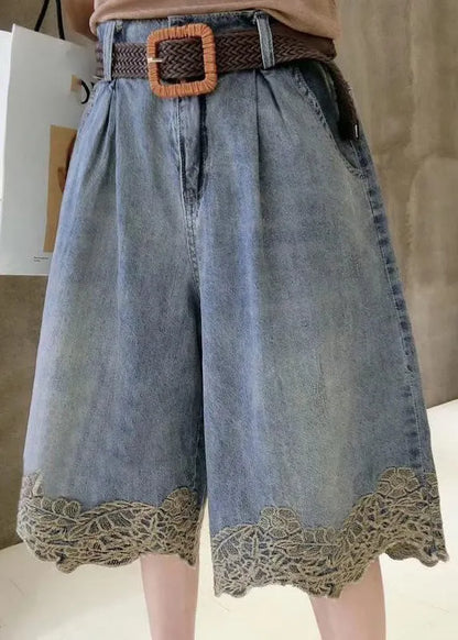 Blue High Waist Lace Patchwork Denim Shorts Summer