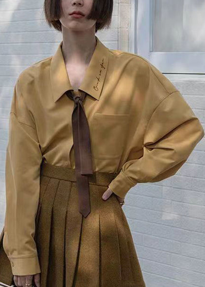 Yellow Embroideried Button Patchwork Cotton Shirt Fall
