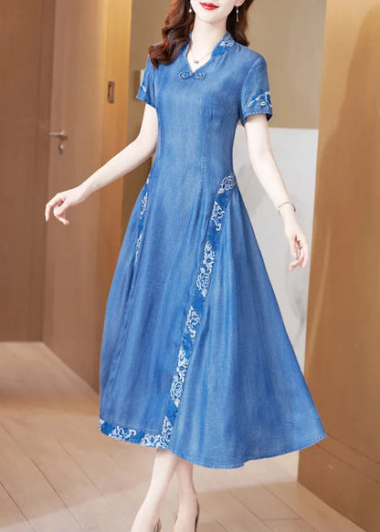 Blue Stand Collar Embroideried Butto Silk Denim Maxi Dresses Short Sleeve