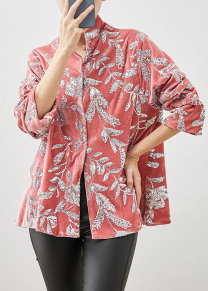 Pink Stand Collar Leaf Sequins Silk Velour Shirt Spring