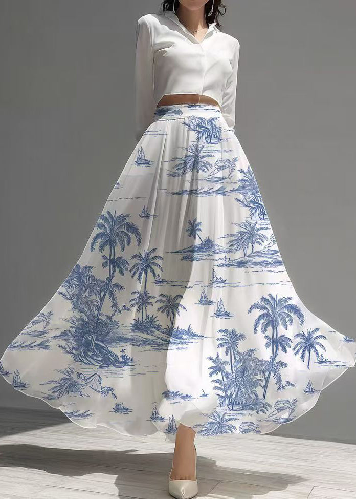 Style White Print Exra Large Hem Chiffon Skirt Summer