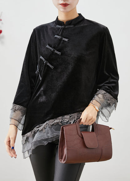 Black Asymmetrical Organza Patchwork Chinese Button Silk Velour Shirt Top Fall