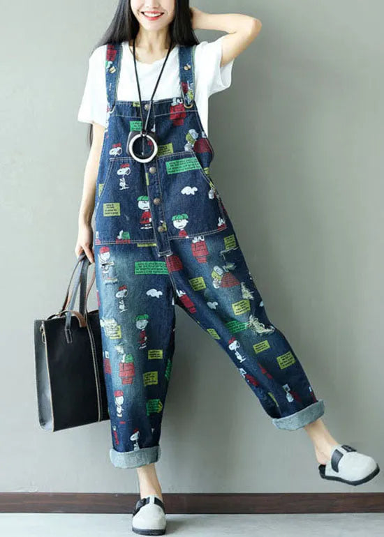 Dark Blue Print Jumpsuits Pockets Summer