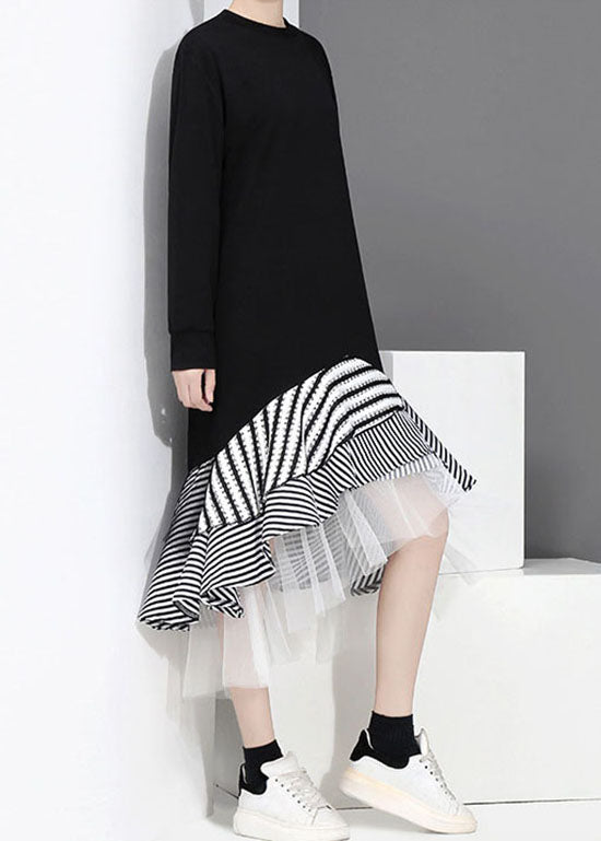 Black Tulle Patchwork Holiday Dress O-neck Ruffles Asymmetrical Spring