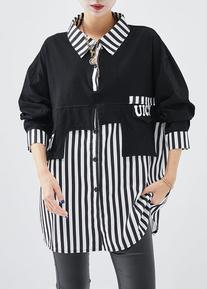 Diy Black Striped Patchwork Cotton Sweatshirt Fall