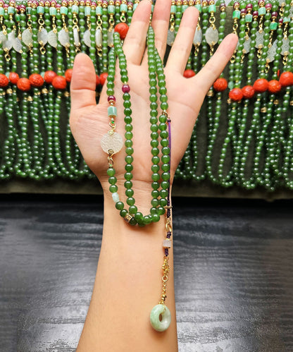 Green Sterling Silver Overgild Agate Jade Ping Buckle Pendant Necklace
