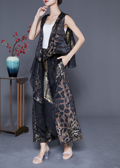 Black Patchwork Silk Two-piece Set Oversized Leopard Print Summer