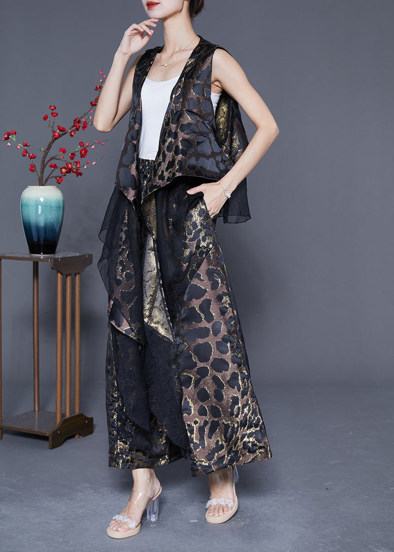 Black Patchwork Silk Two-piece Set Oversized Leopard Print Summer