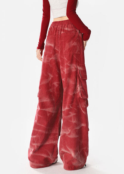 Spring Red Tie Dyed Pocket Corduroy Straight Pants