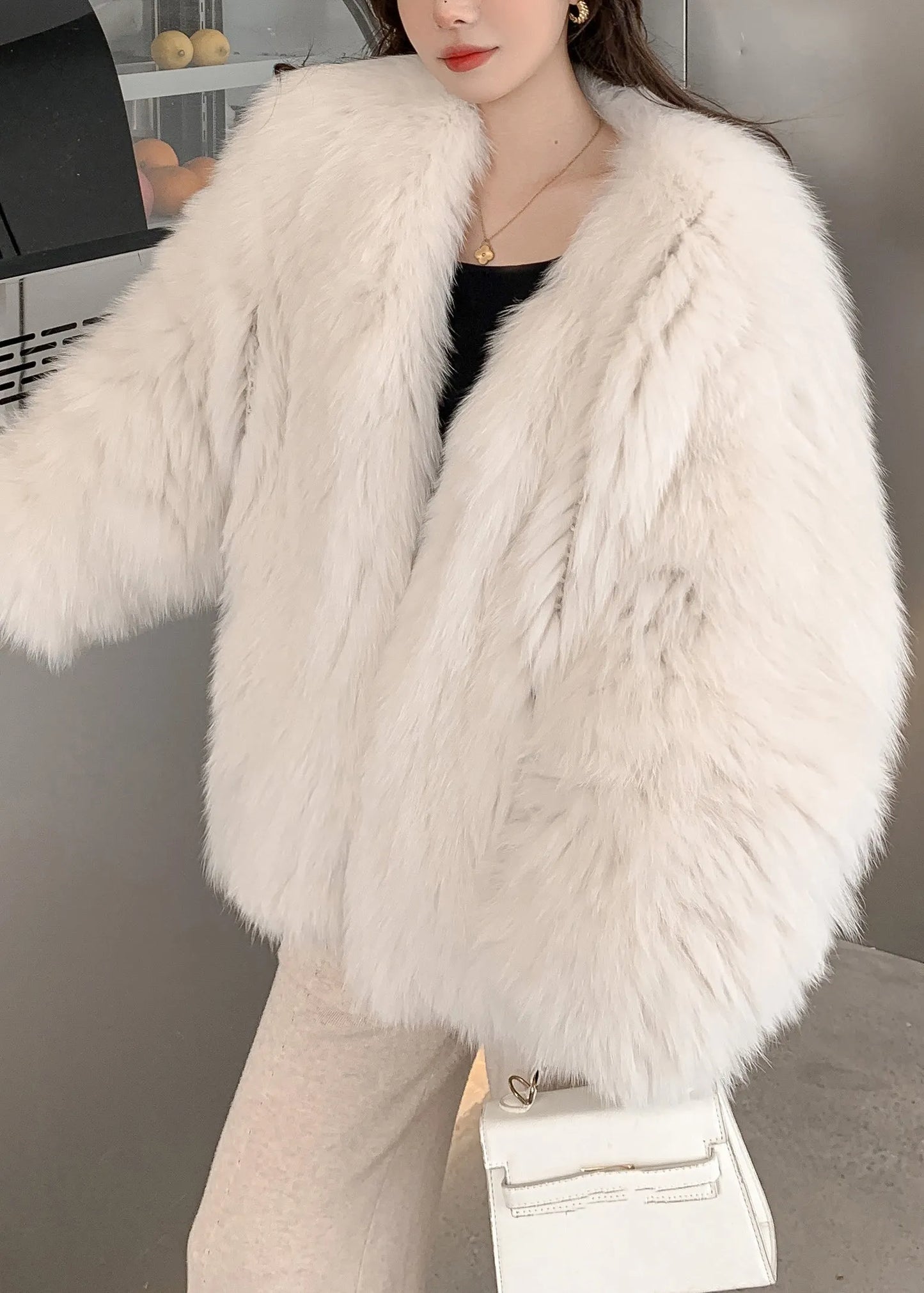Boutique Mike White V Neck Fox Collar Leather and Fur Coats Winter