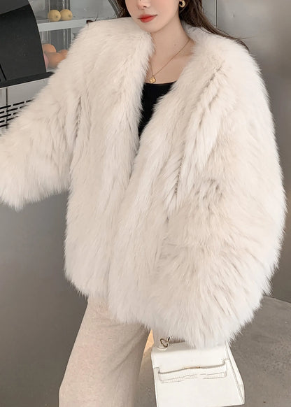 Boutique Mike White V Neck Fox Collar Leather and Fur Coats Winter