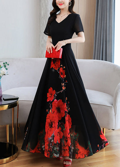 Black Print Chiffon Maxi Holiday Dress Summer