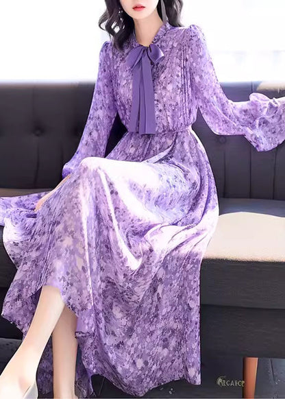 Blue Bow Print High Waist Chiffon Long Dress Fall