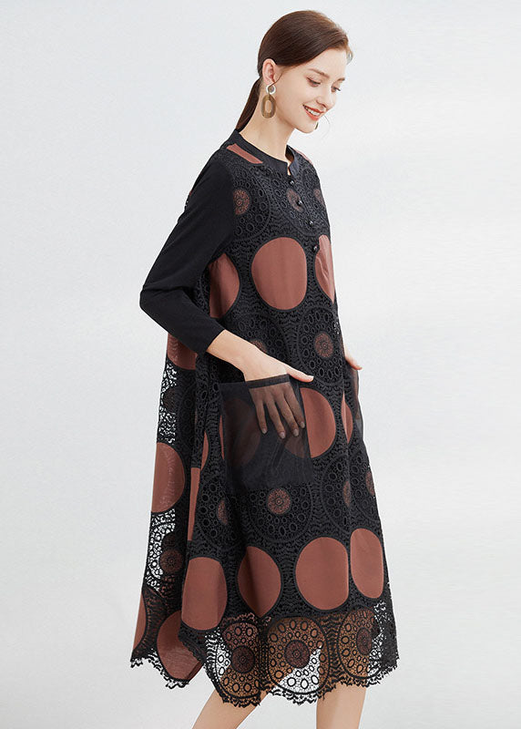Chocolate Embroideried Pockets Lace Dress Spring
