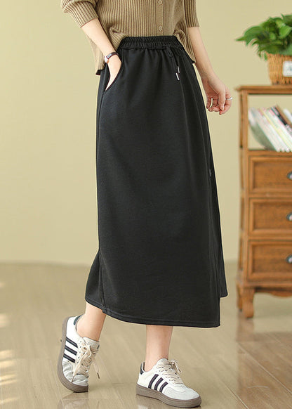 Black Asymmetrical Drawstring Cotton a Line Skirt Spring