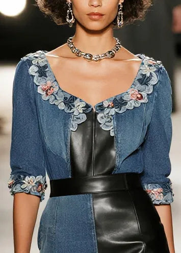 Boutique Denim Blue Asymmetrical Patchwork Faux Leather Flower Decorated Dress Summer