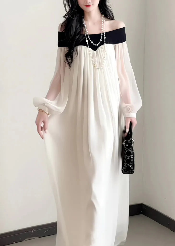 French Slash Neck Chiffon Dress Lantern Sleeves
