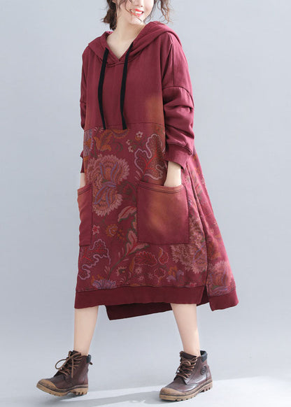 Classy Red Print Patchwork Sweatshirts Dresses Spring