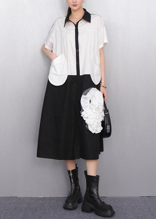 White Pocket Cascading Ruffle Rose Shirt Dress Summer
