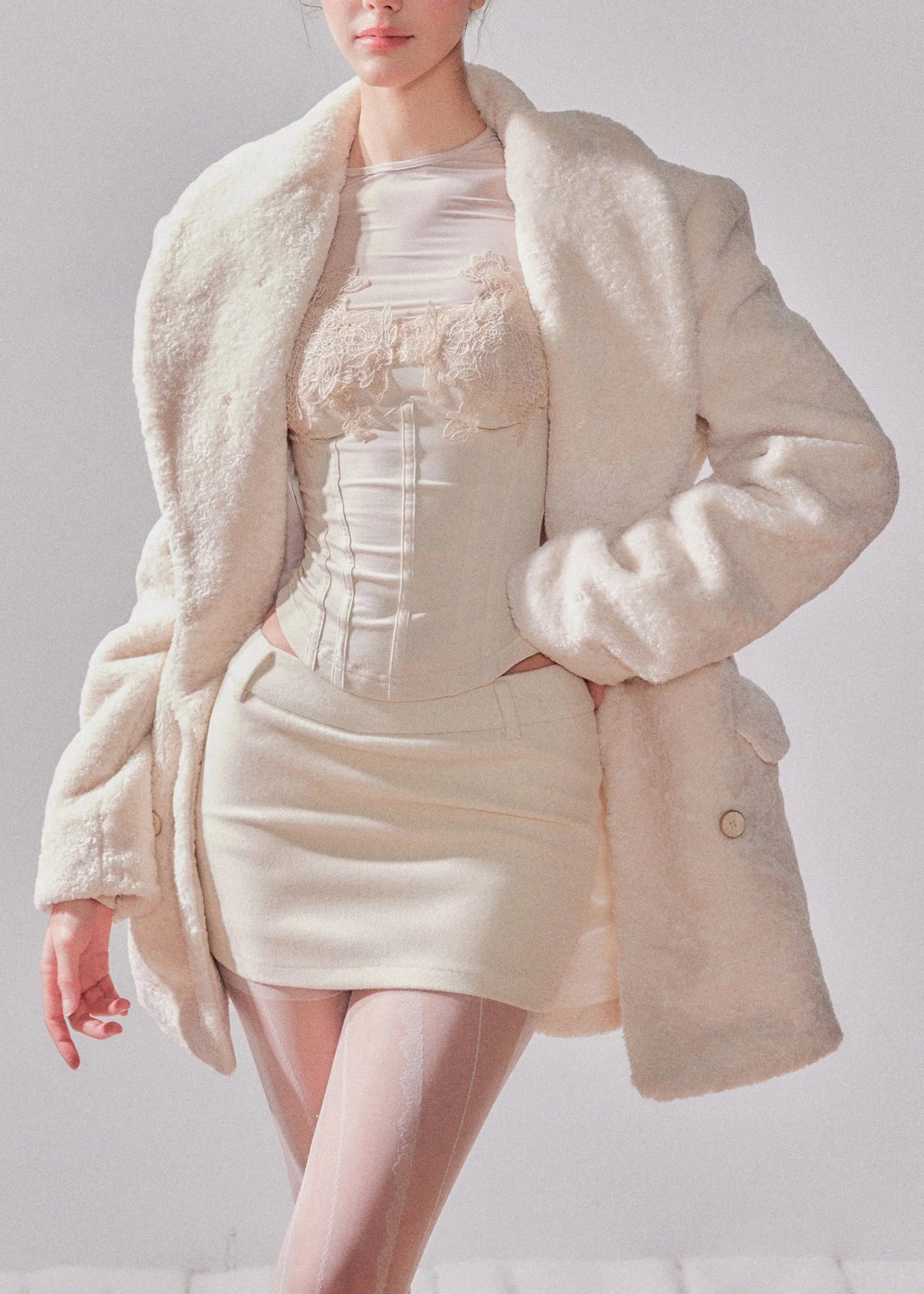 White Notched Patchwork Button Faux Fur Coats Winter