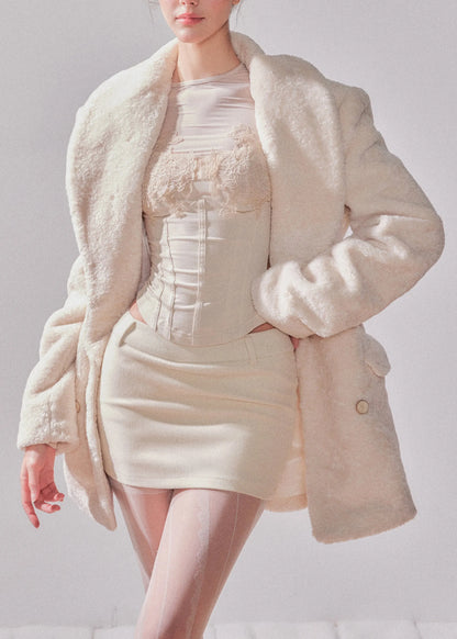 White Notched Patchwork Button Faux Fur Coats Winter