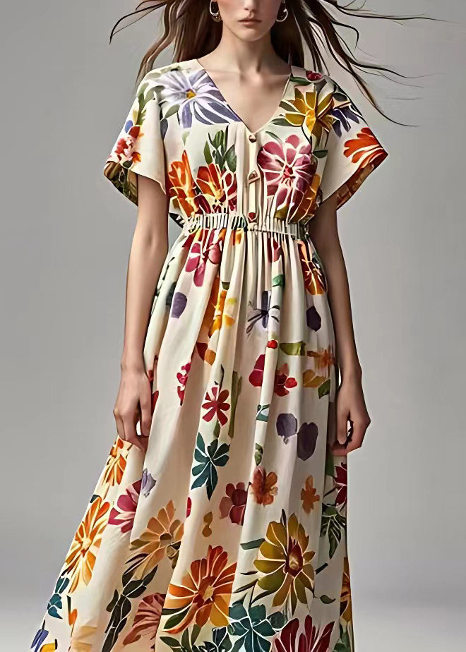 Apricot V Neck Print Cotton Maxi Dresses Summer