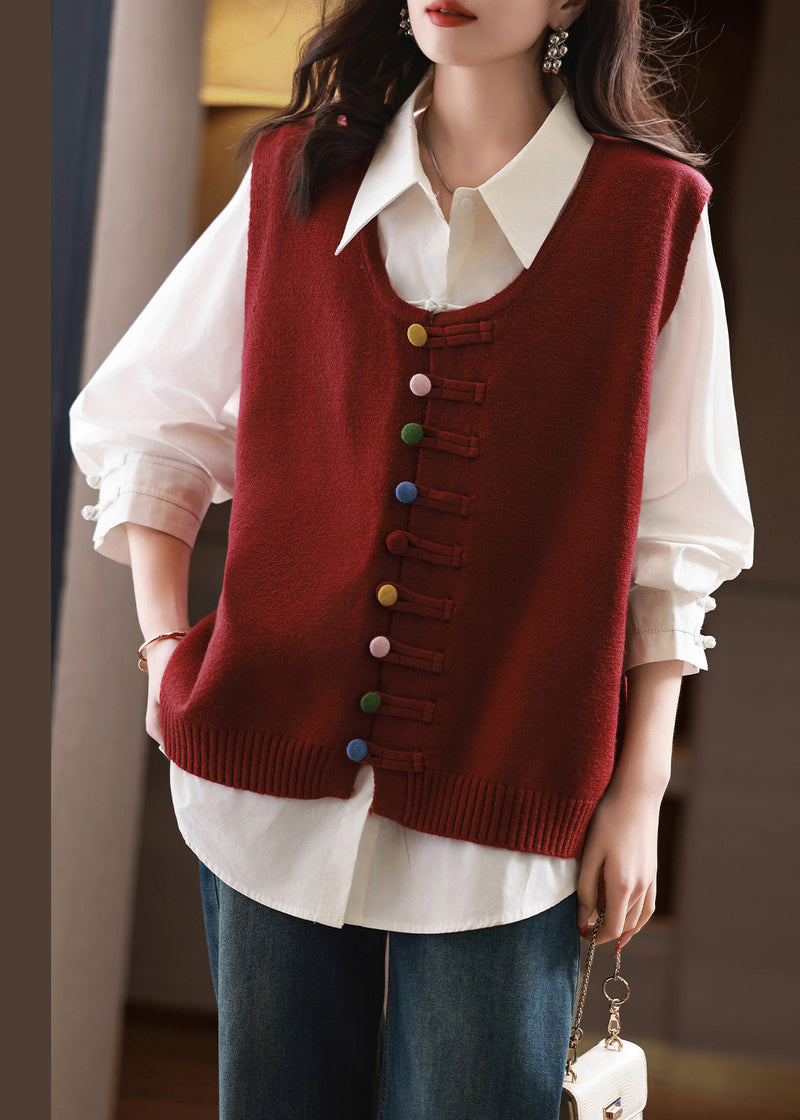 New Chinese Style Red Vest and Shirts Two Pieces Set Fall