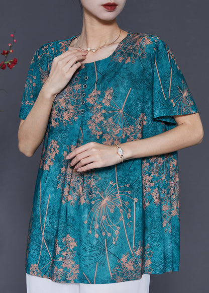 Green Oversized Print Silk Shirt Top Summer