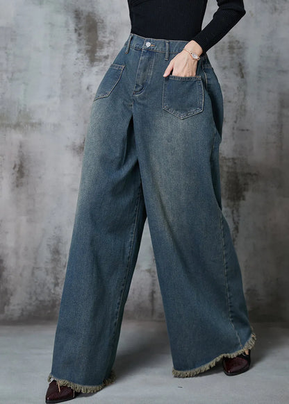 Navy Elastic Waist Pockets Denim Wide Leg Pants Spring