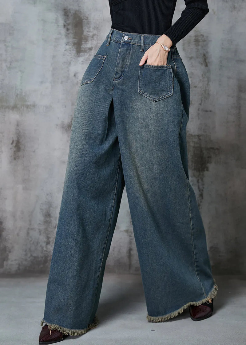 Navy Elastic Waist Pockets Denim Wide Leg Pants Spring