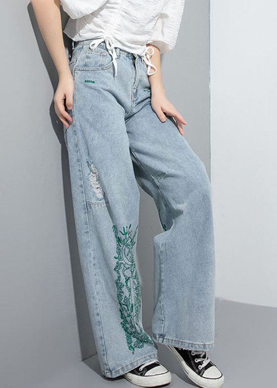 Natural Blue Hole Embroideried Pockets Wide Leg Pants Spring