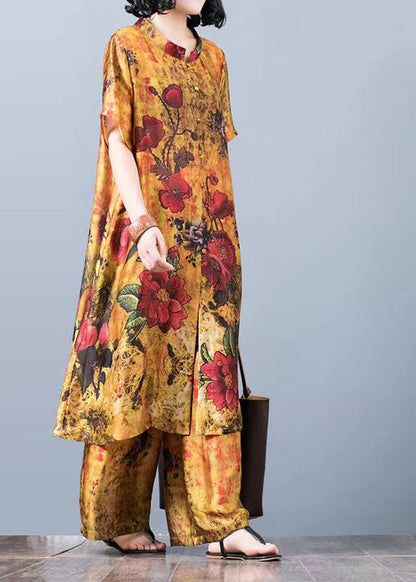 Yellow Loose Silk Long Tops and Wide Leg Pants Two Pieces Set Short Sleeve