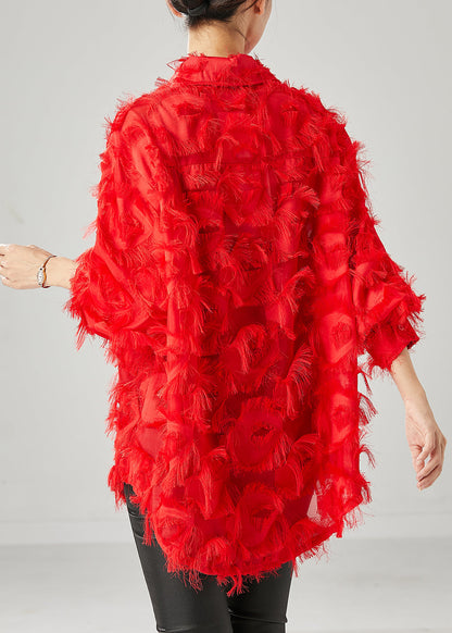 Red Tasseled Cotton Shirt Top Spring