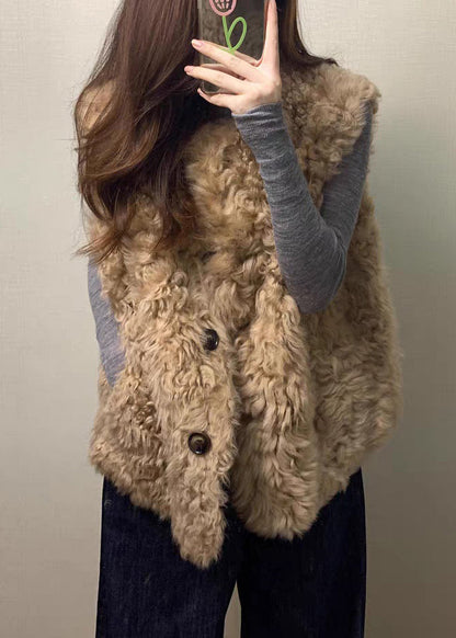 Simple Purple O Neck Button Pockets Teddy Faux Fur Waistcoat Sleeveless