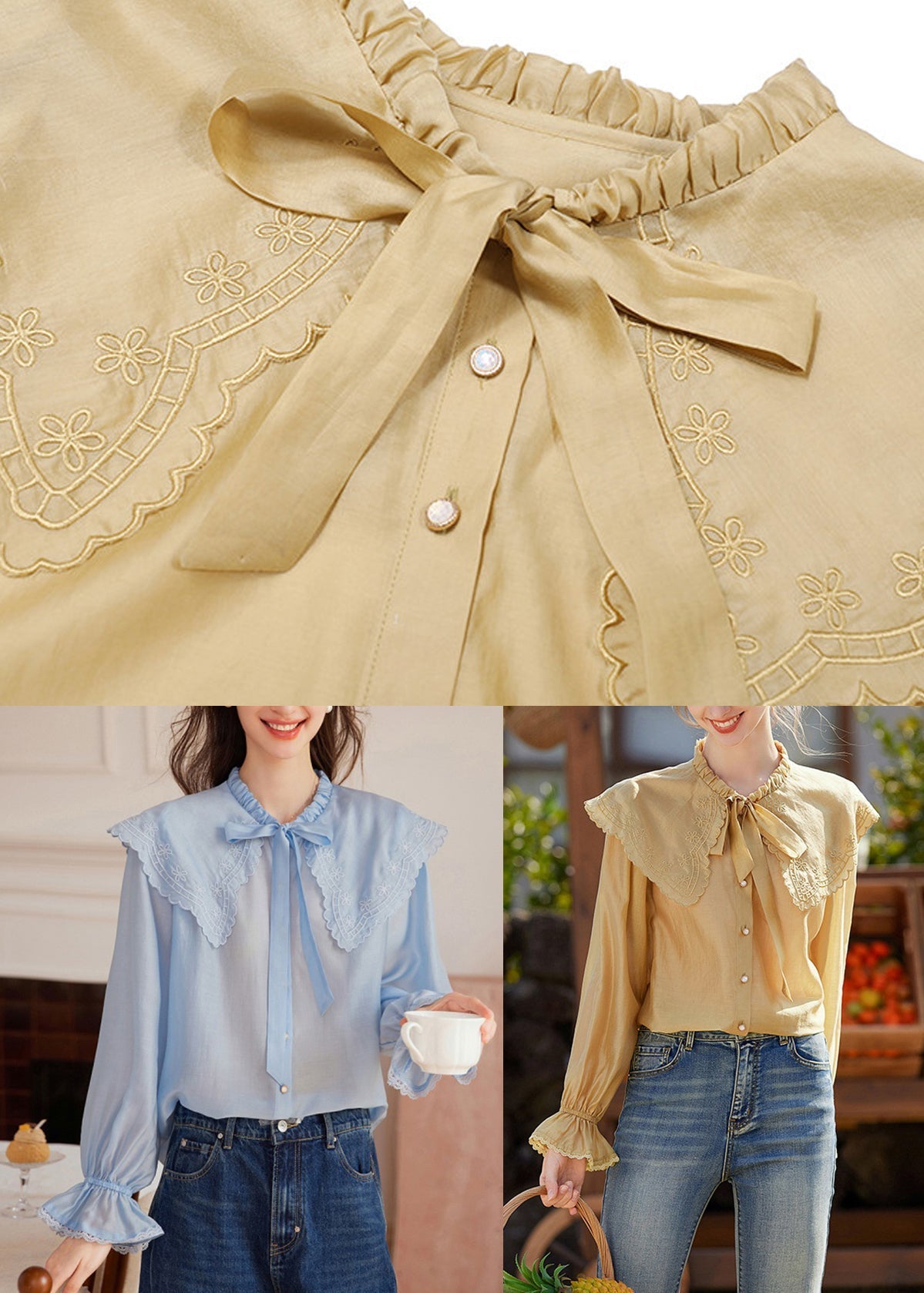 Yellow Sailor Collar Patchwork Shirts Lantern Sleeve